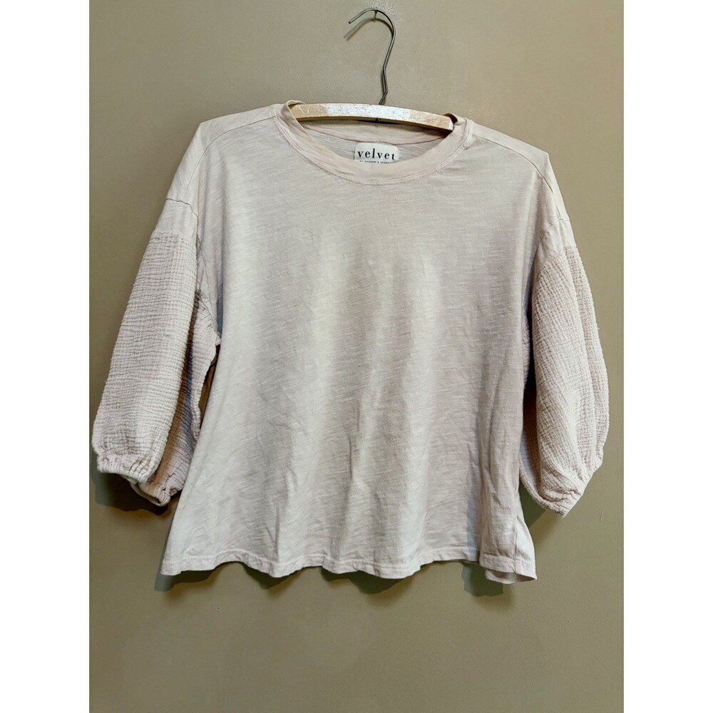 Anthropologie Velvet Graham Spencer 100% Cotton Light Pink Puff Sleeve XS Boho